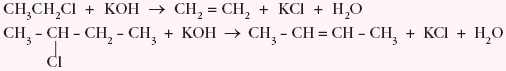 tworzenie alkenów w reakcji z KOH w środowisku alkoholowym (eliminacja)