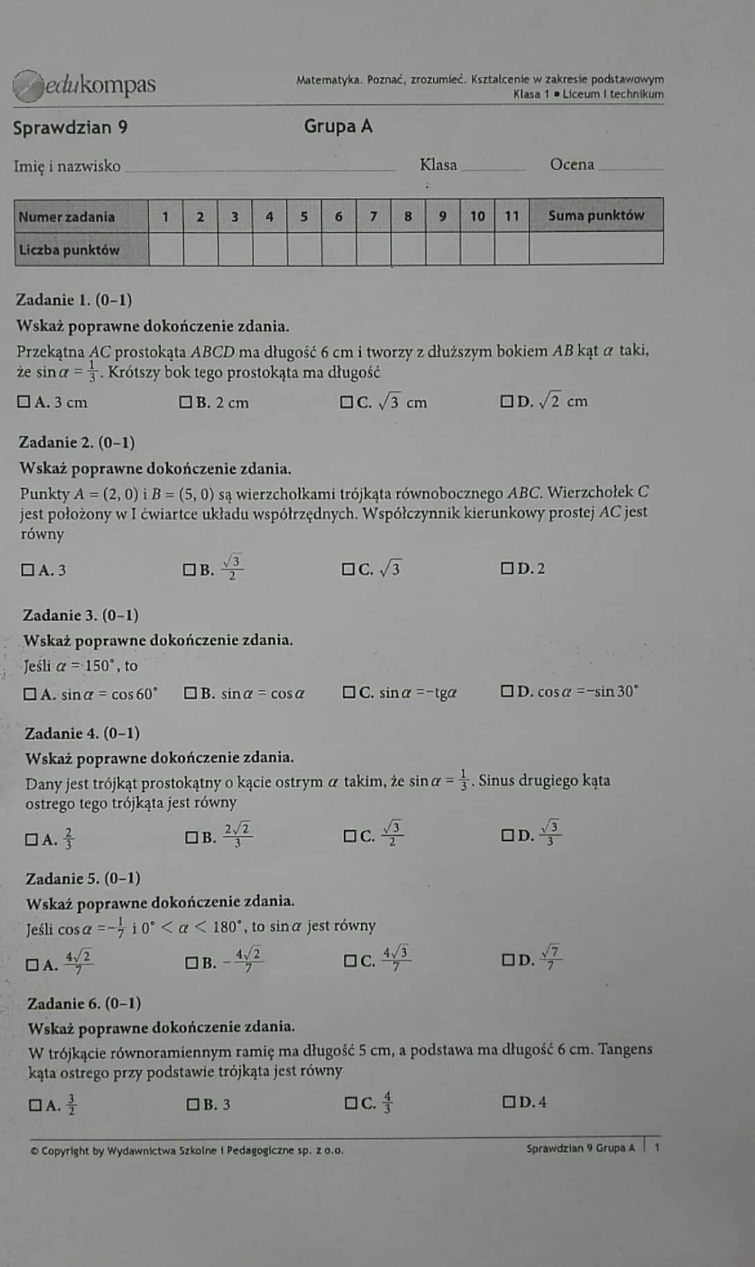 Sprawdzian Z Trygonometrii Liceum Zakres Podstawowy Sprawdzian z matematyki klasa 1 liceum trygonometria - Sciaga.pl