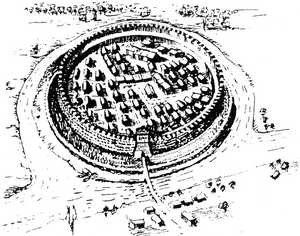 Rysunek ufortyfikowanej osady słowiańskiej z okresu wczesnego średniowiecza
