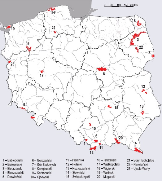 Rozmieszczenie parków narodowych w Polsce